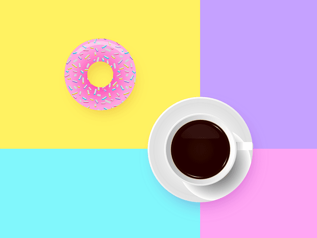 Illustration of a pink doughnut with sprinkles next to a cup of black coffee